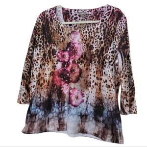 Chicos Leopard Print Pink Floral Bling 3/4 Sleeve Blouse 2 (L) Floral Boho Art